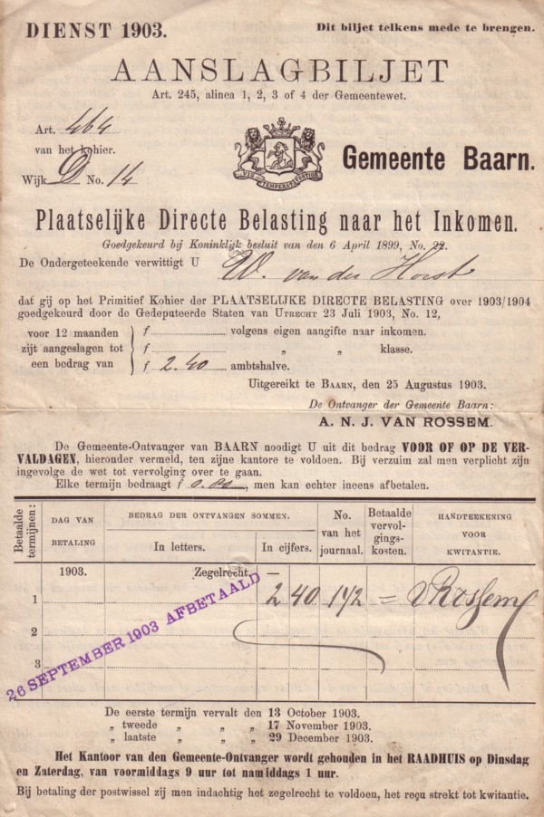 Aanslagbiljet Gemeente Baarn 1903
