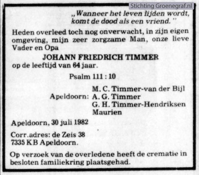 Overlijdensscan Johann Friedrich  Timmer