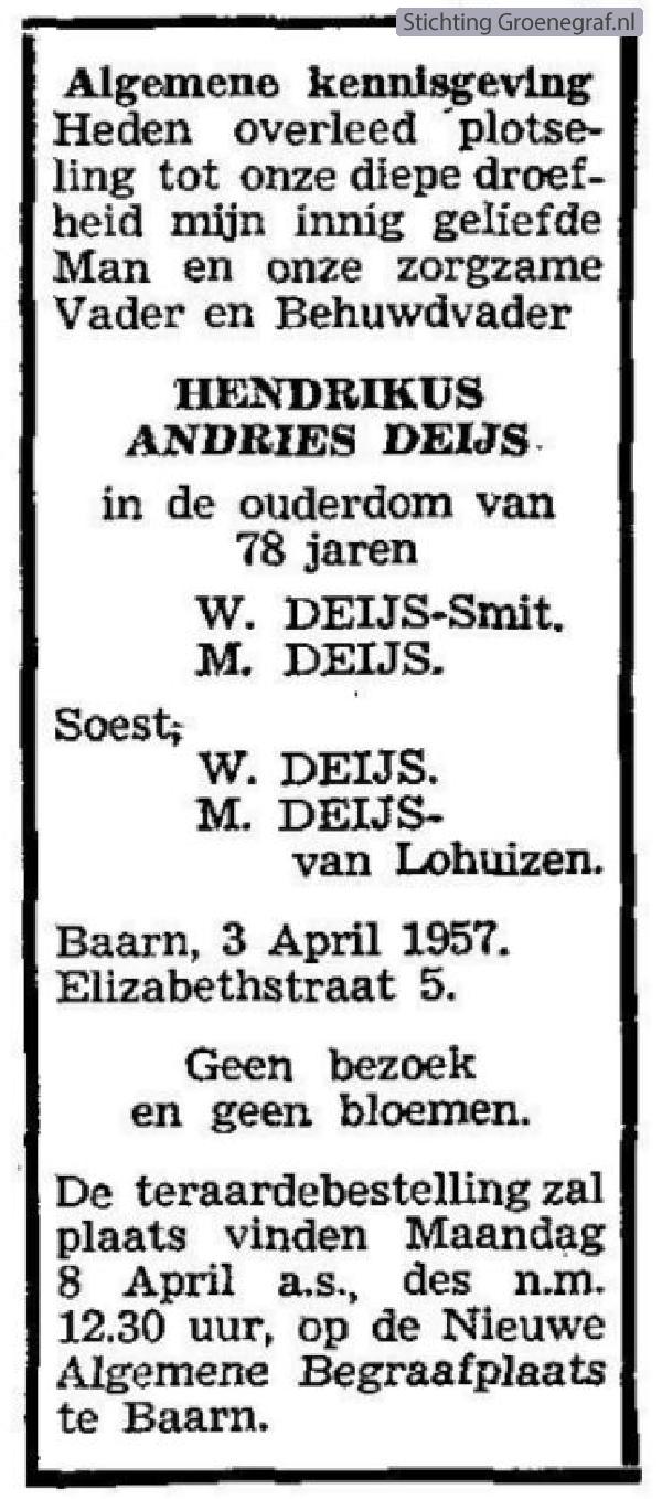 Overlijdensscan Hendrikus Andries  Deijs