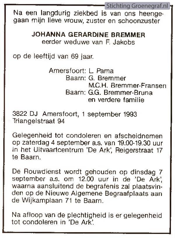Overlijdensscan Johanna Gerardina  Bremmer