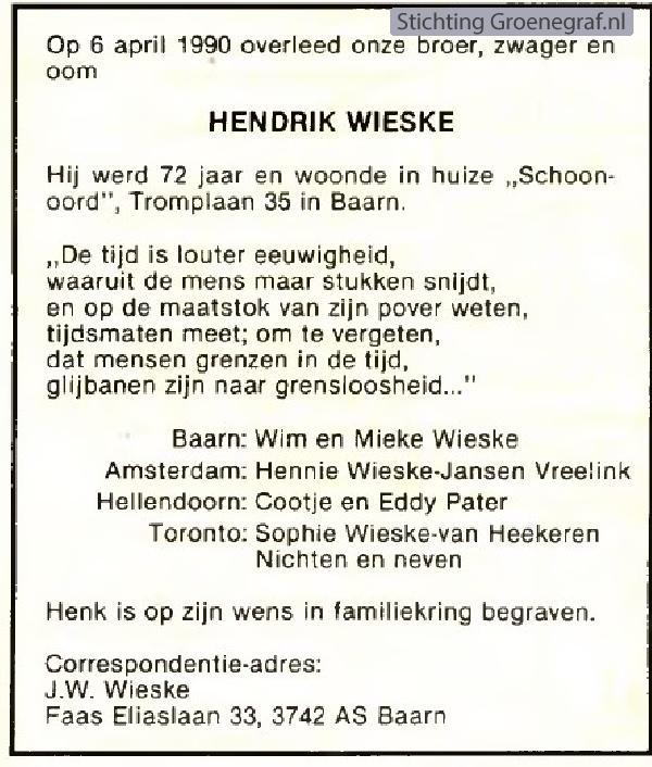 Overlijdensscan Hendrik  Wieske