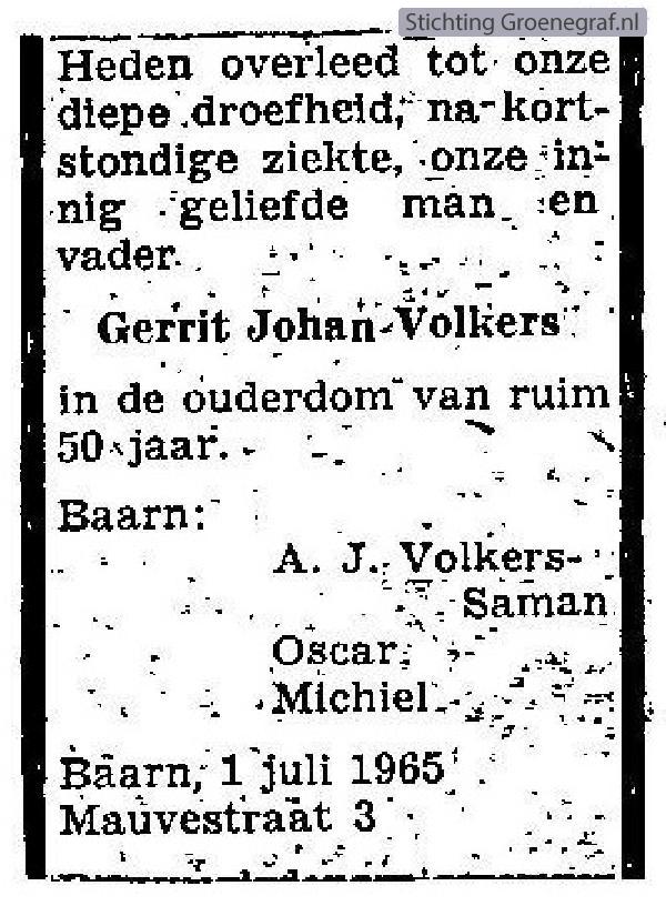 Overlijdensscan Gerrit Johan  Volkers