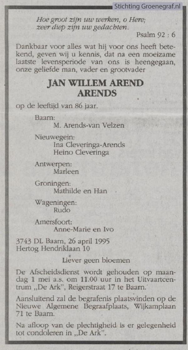 Overlijdensscan Jan Willem Arend  Arends