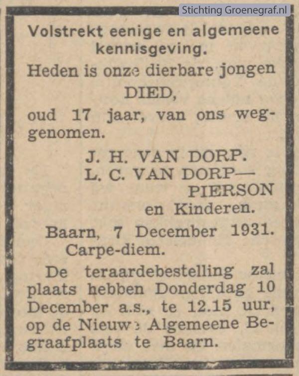Overlijdensscan Johannes Diederikus van Dorp