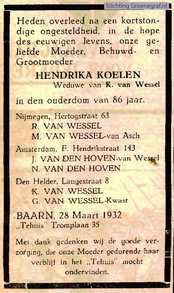 Overlijdensscan Hendrika  Koelen