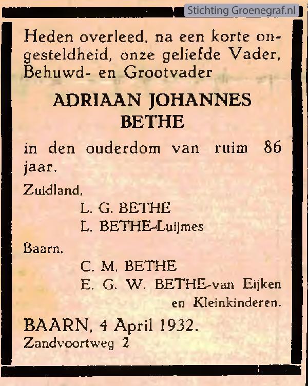 Overlijdensscan Adriaan Johannes  Bethe