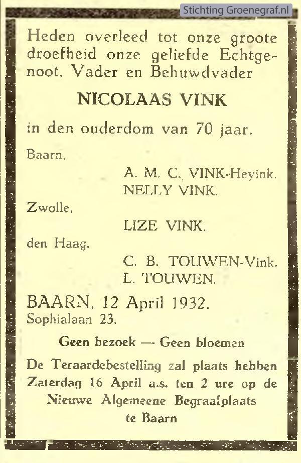 Overlijdensscan Nicolaas  Vink