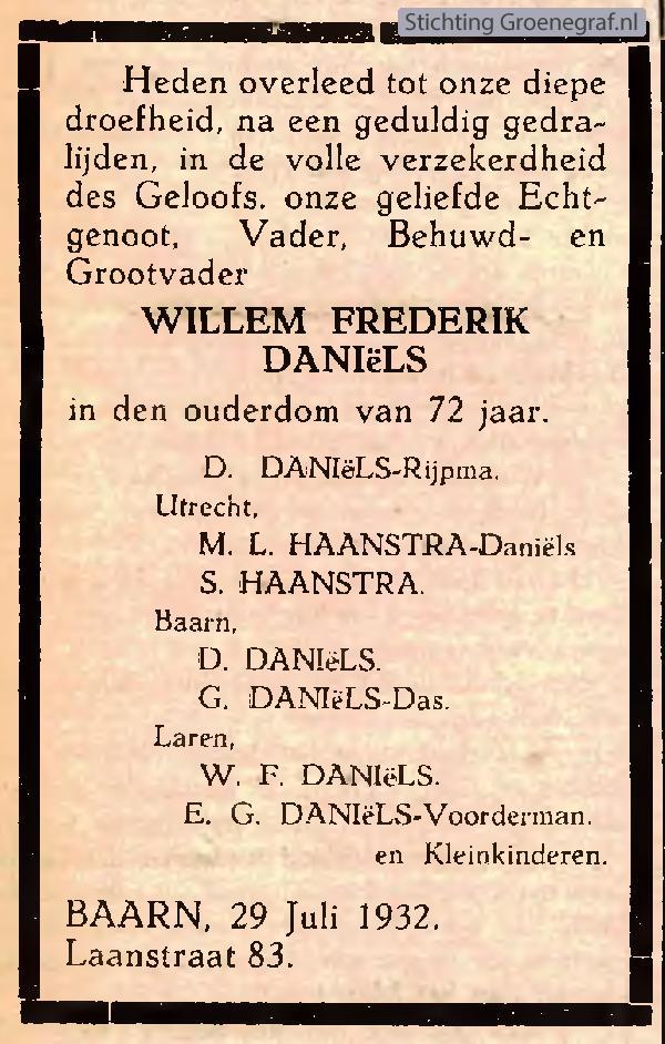 Overlijdensscan Willem Frederik  Daniels