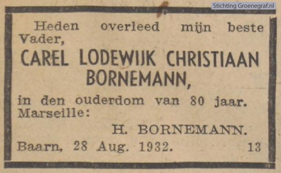 Overlijdensscan Carel Lodewijk Christiaan  Bornemann