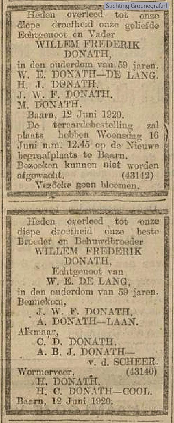 Overlijdensscan Willem Frederik  Donath