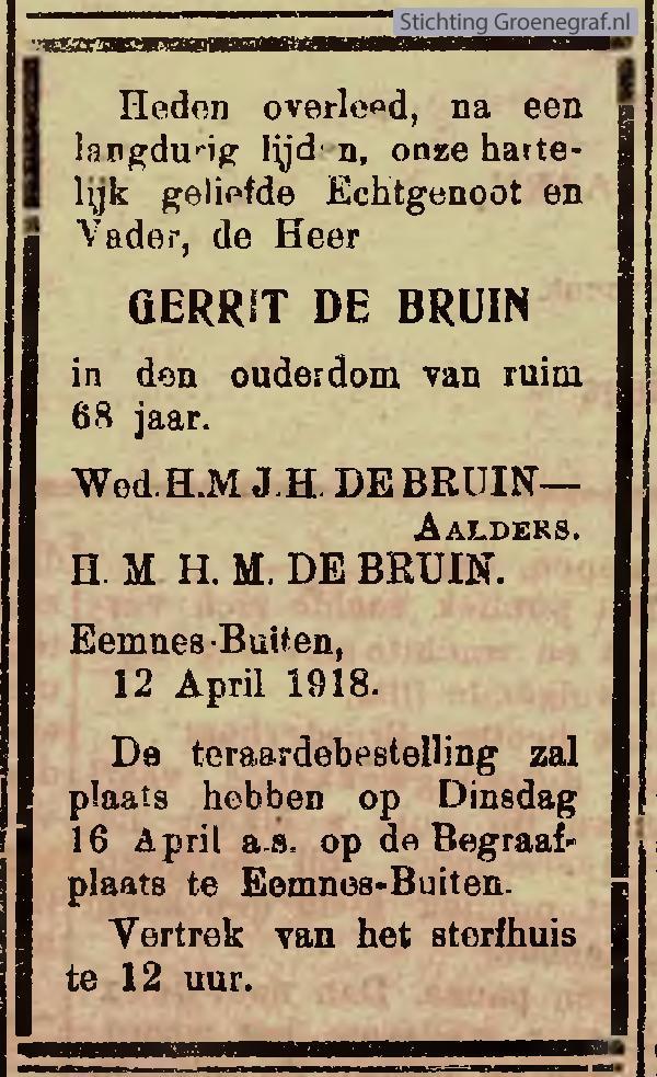 Overlijdensscan Gerrit de Bruin