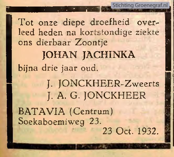 Overlijdensscan Johan Jachinka  Jonckheer