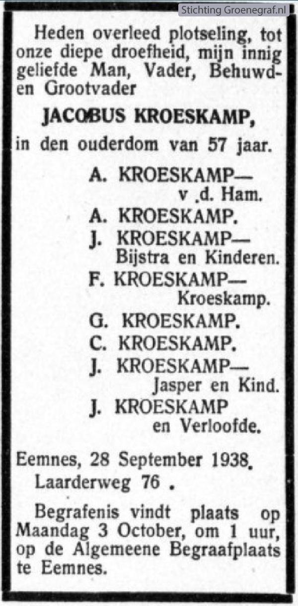 Overlijdensscan Jacobus  Kroeskamp