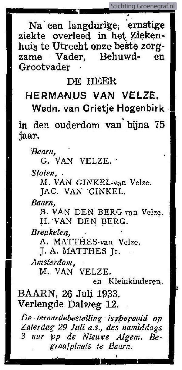 Overlijdensscan Hermanus van Velze