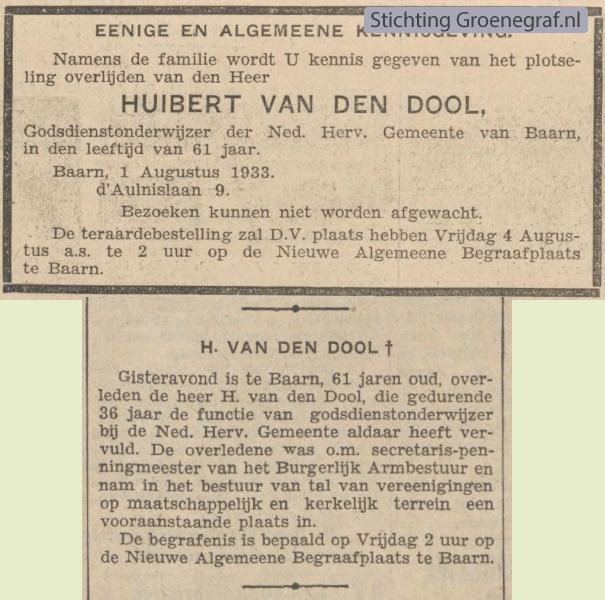 Overlijdensscan Huibert van den Dool