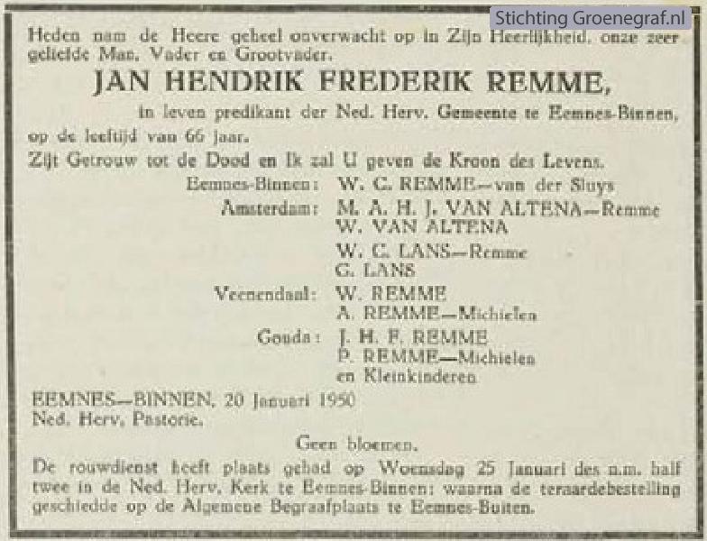 Overlijdensscan Jan Hendrik Frederik  Remme