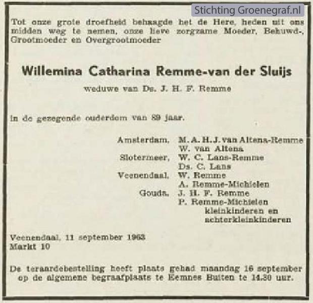 Overlijdensscan Willemina Catharina van der Sluijs