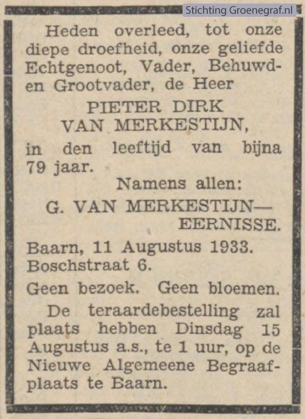 Overlijdensscan Pieter Dirk van Merkestijn