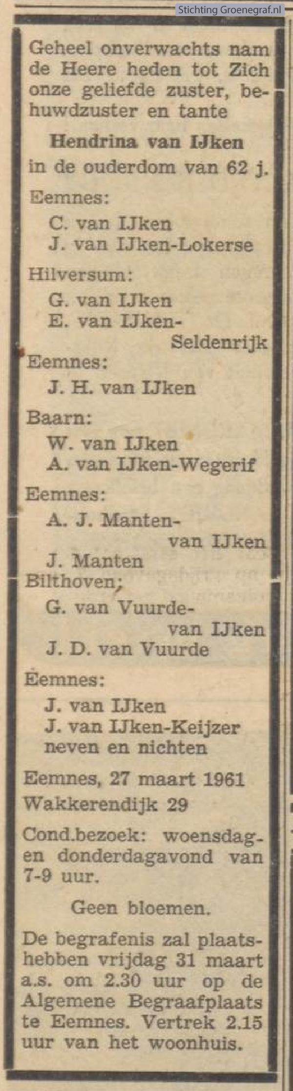Overlijdensscan Hendrina van IJken