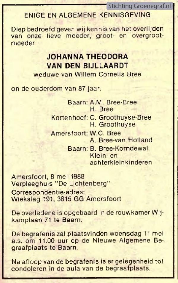 Overlijdensscan Johanna Theodora van den Bijllaardt