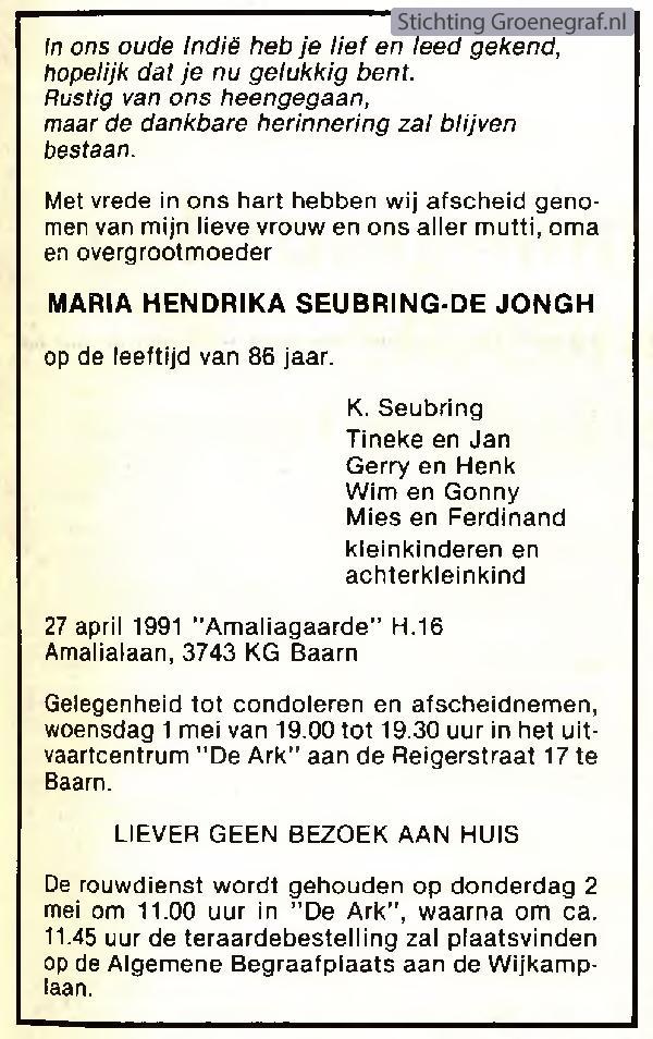 Overlijdensscan Maria Hendrika de Jongh