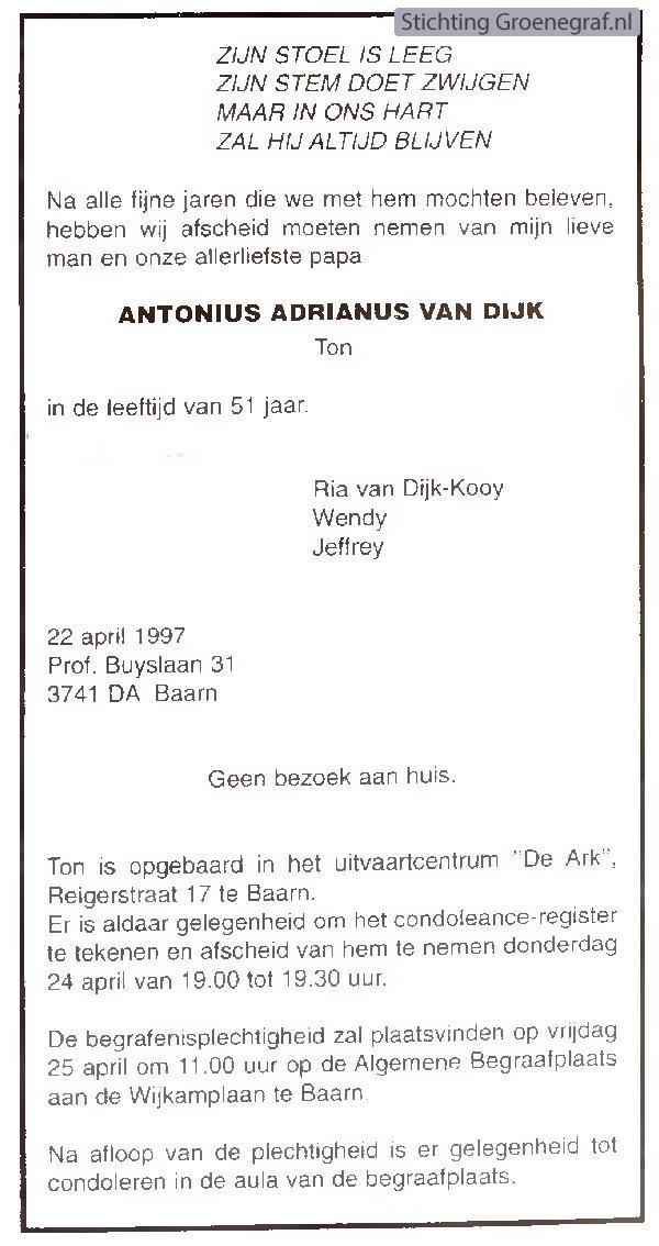 Overlijdensscan Antonius Adrianus van Dijk