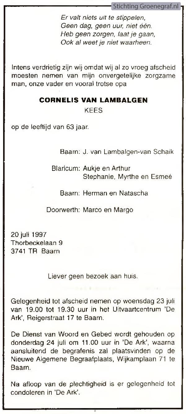Overlijdensscan Cornelis van Lambalgen
