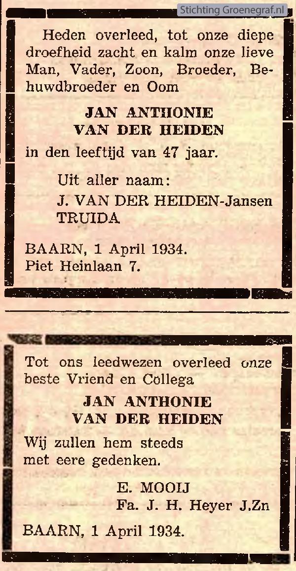 Overlijdensscan Jan Anthonie van der Heiden
