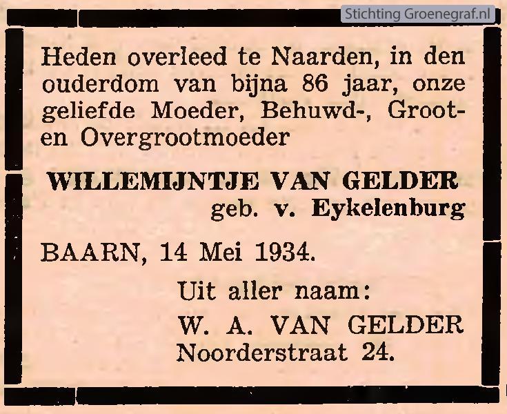 Overlijdensscan Willemijntje van Eijkelenburg