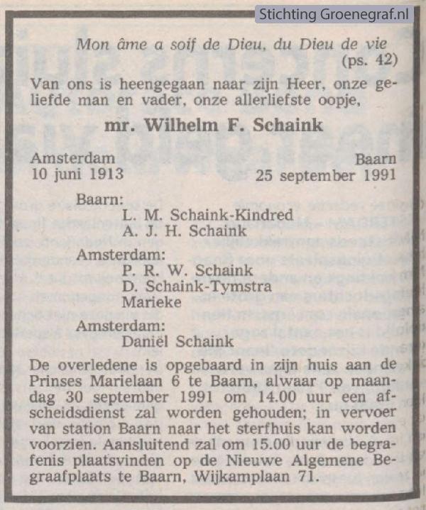 Overlijdensscan Wilhelm Friedrich  Schaink