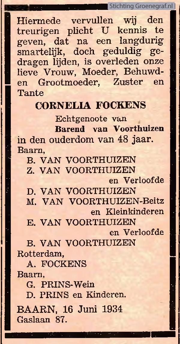 Overlijdensscan Cornelia  Fockens