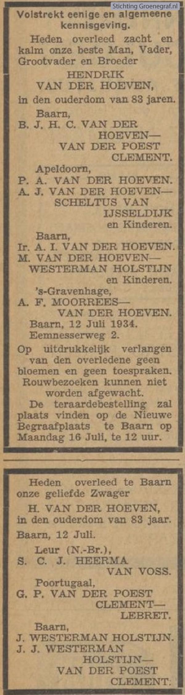 Overlijdensscan Hendrik van der Hoeven