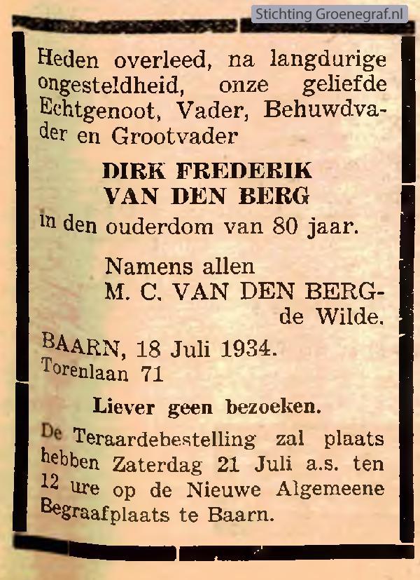 Overlijdensscan Dirk Frederik van den Berg