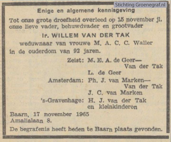 Overlijdensscan Willem van der Tak
