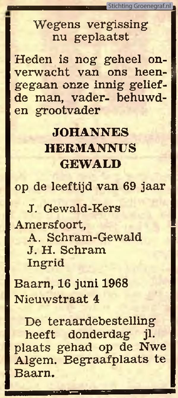 Overlijdensscan Johannes Hermannus  Gewald