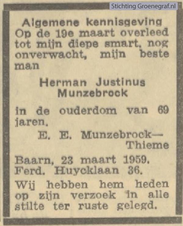 Overlijdensscan Herman Justinus  Munzebrock