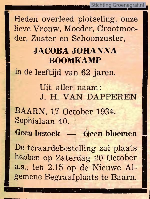 Overlijdensscan Jacoba Johanna  Boomkamp