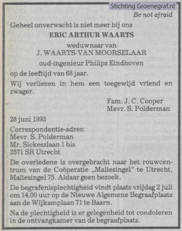 Overlijdensscan Eric Arthur  Waarts