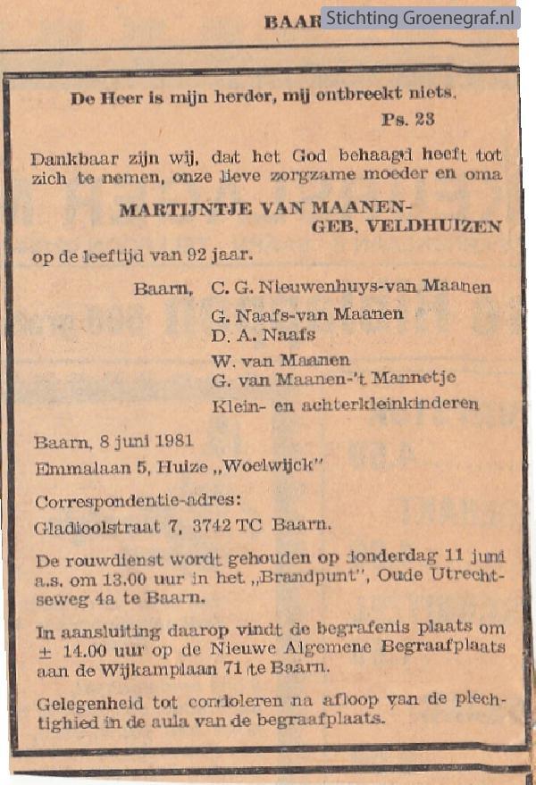 Overlijdensscan Martijntje  Veldhuizen