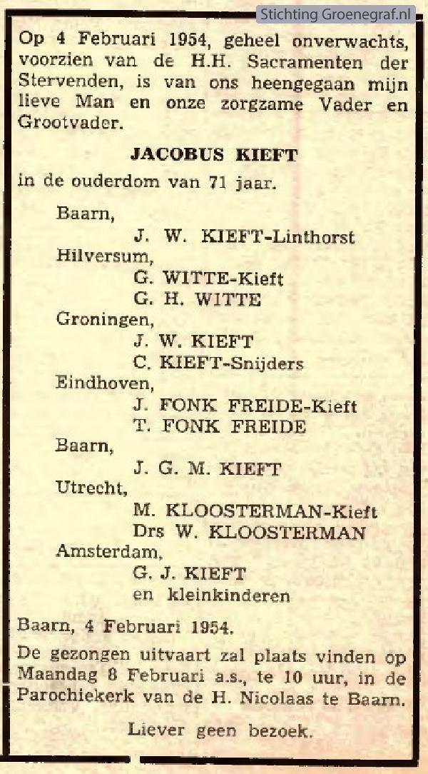 Overlijdensscan Jacobus  Kieft