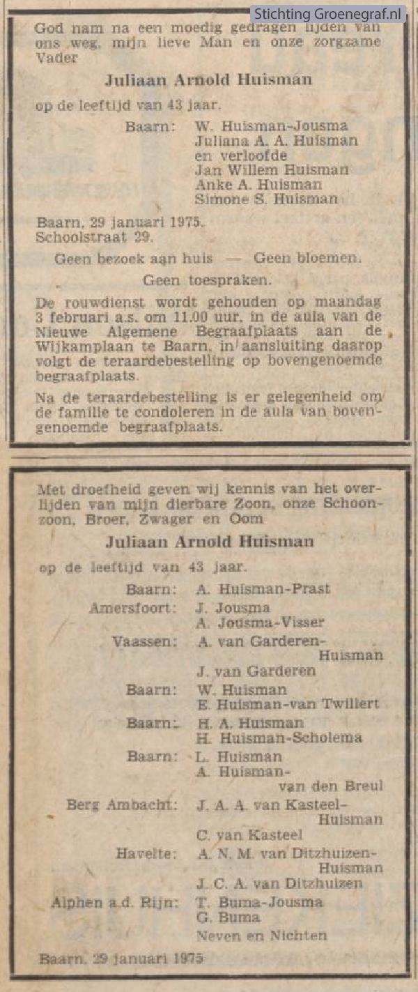 Overlijdensscan Juliaan Arnold  Huisman
