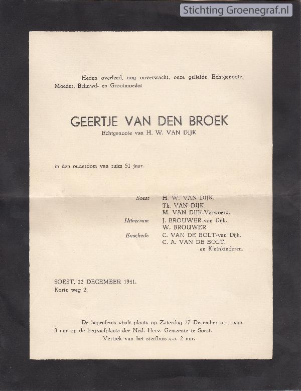 Overlijdensscan Geertje van den Broek