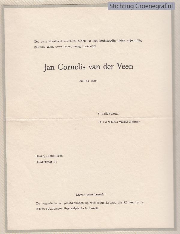 Overlijdensscan Jan Cornelis van der Veen