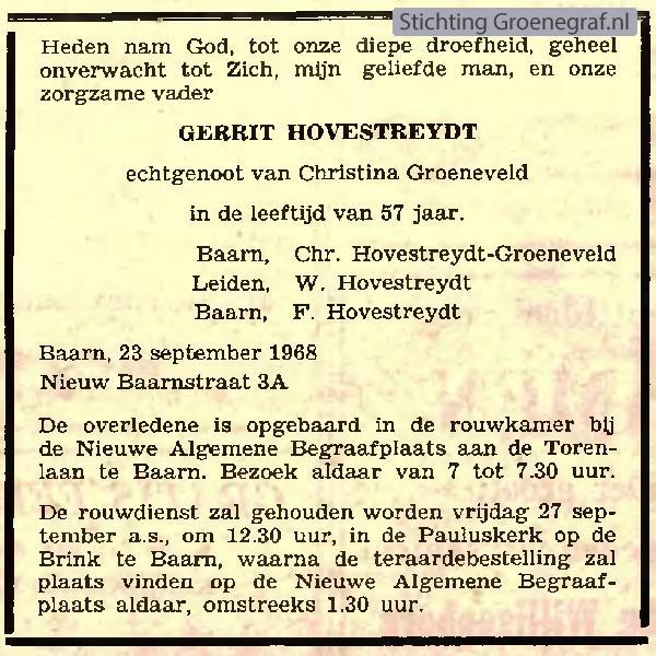 Overlijdensscan Gerrit  Hovestreijdt