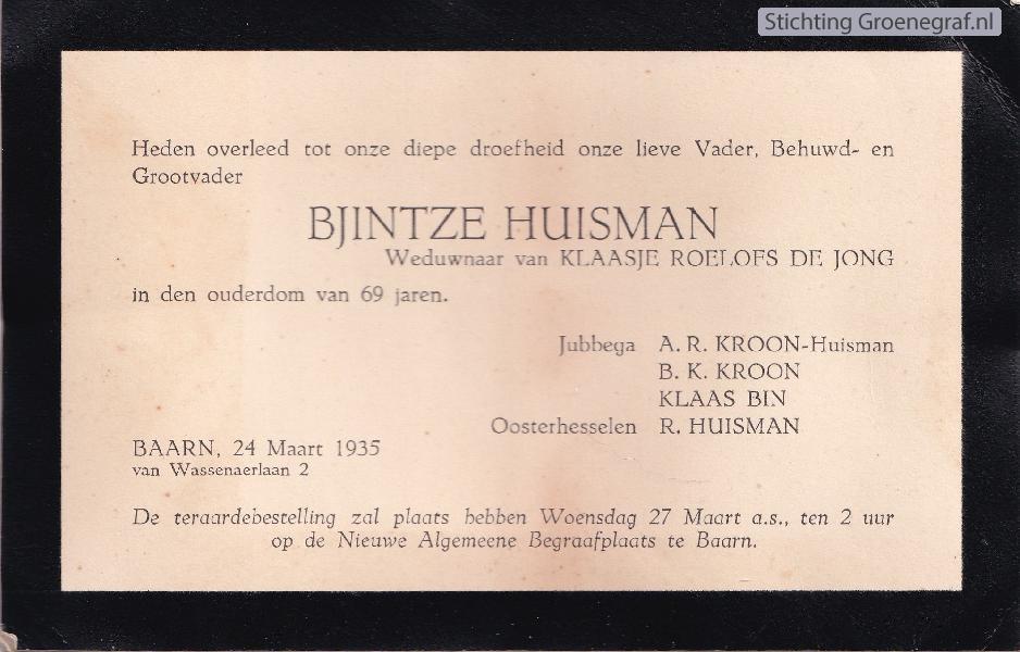 Overlijdensscan Bjintze  Huisman