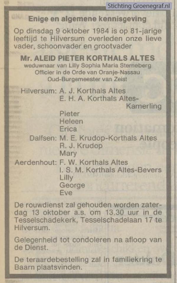 Overlijdensscan Aleid Pieter  Korthals Altes