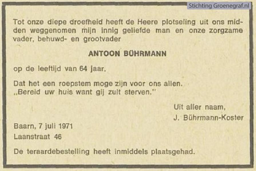 Overlijdensscan Antoon  Bührmann