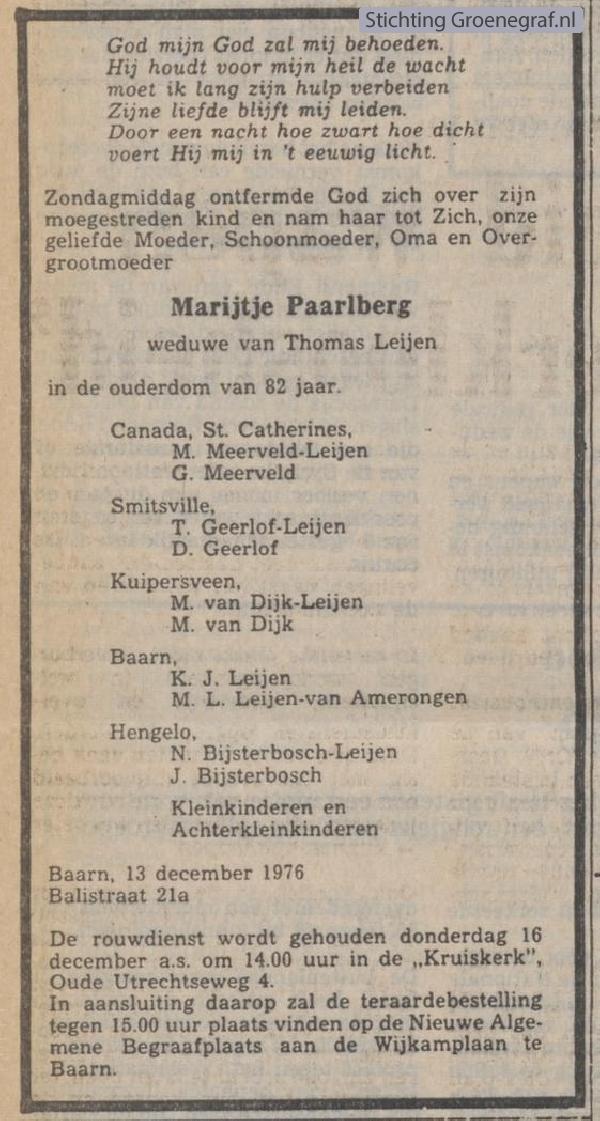 Overlijdensscan Marijtje  Paarlberg