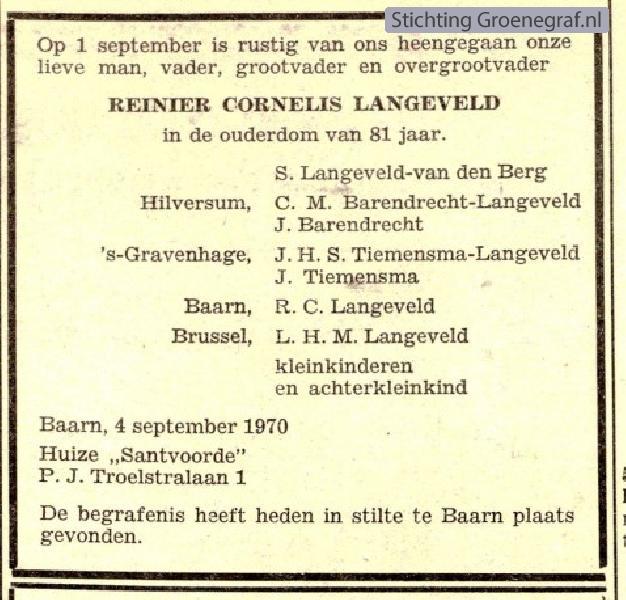 Overlijdensscan Reinier Cornelis  Langeveld