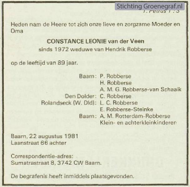 Overlijdensscan Constance Leonie van der Veen
